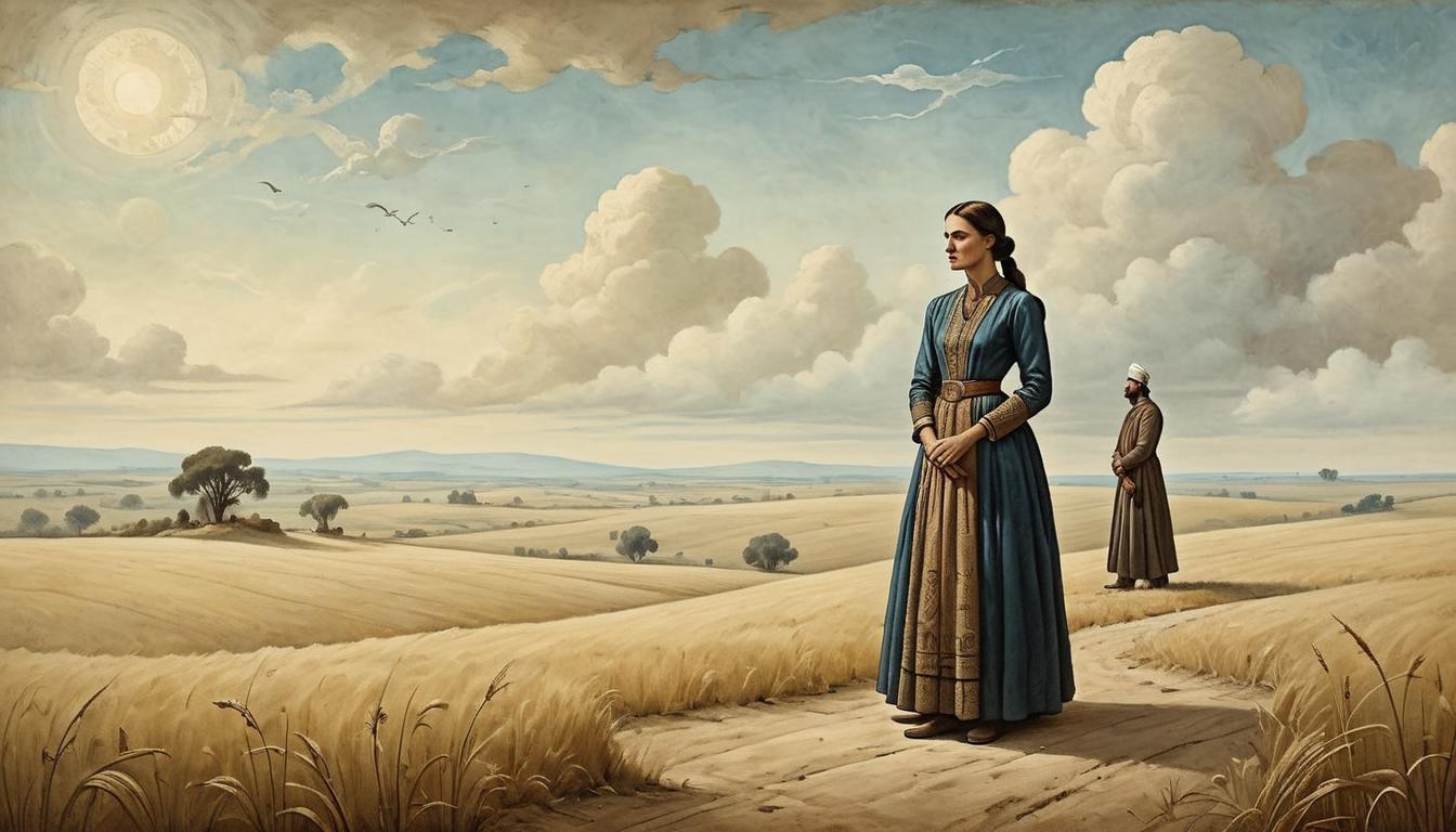  on parchment, surrealism+++, A woman with a contemplative expression, standing next to a man in traditional attire, vast field behind them hinting at opportunity, connection, discovery, purpose(mysterious, provocative, symbolic,muted color)+++