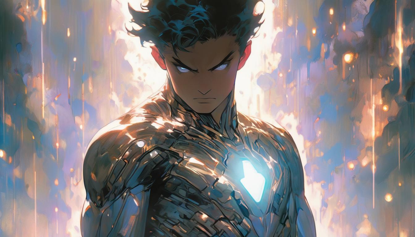  hyperrealism,fantasy aestheticClose up of figure's face in deep contemplation, soft etheric background, meditative, mindful presence, high tech clothing clad in sleek, futuristic costume with metallic accents and form fitting designs, marvel superhero comics style, unreal engine rendering