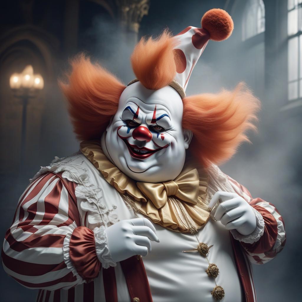  Create an art of a fat kind clown in a white porcelain mask. He should be wearing the mask. hyperrealistic, full body, detailed clothing, highly detailed, cinematic lighting, stunningly beautiful, intricate, sharp focus, f/1. 8, 85mm, (centered image composition), (professionally color graded), ((bright soft diffused light)), volumetric fog, trending on instagram, trending on tumblr, HDR 4K, 8K