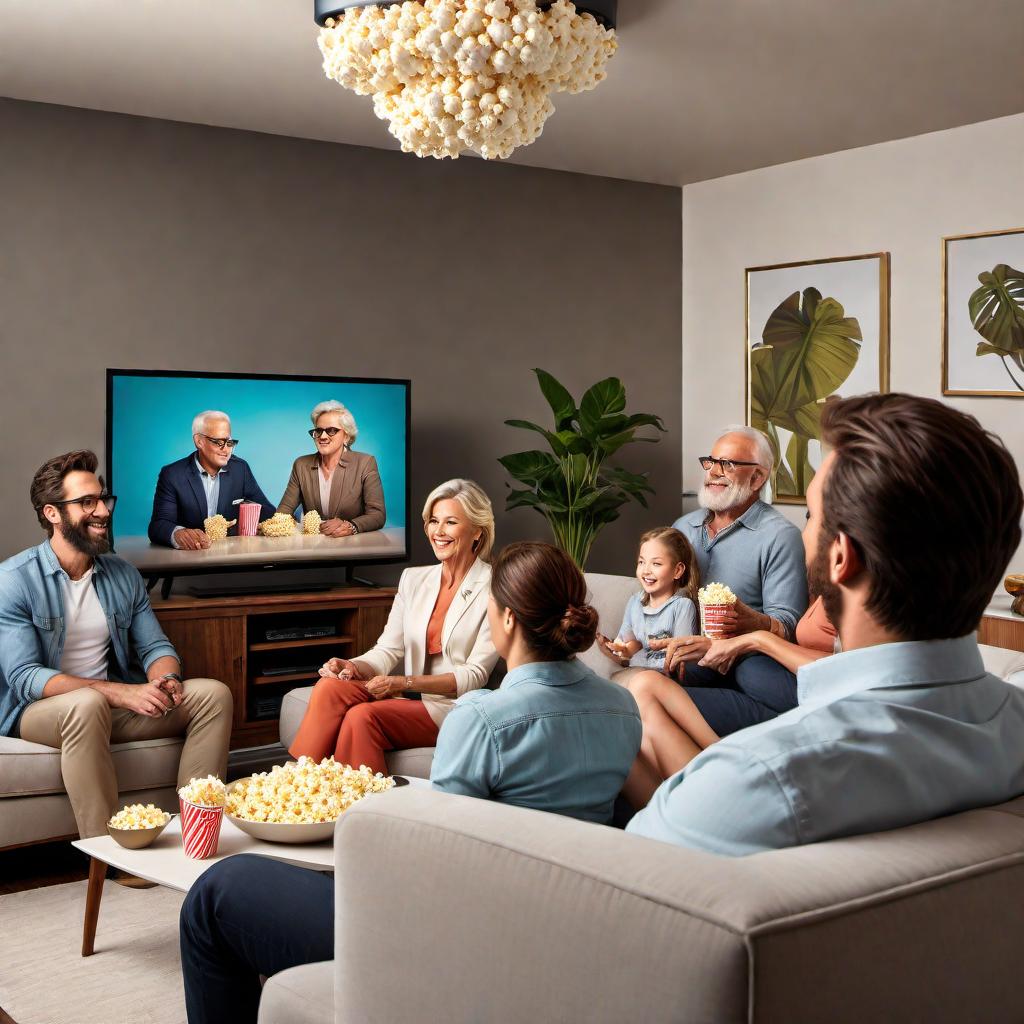  A colorful and engaging illustration showing people of different ages and backgrounds gathered around a television set, enjoying a variety of shows. Include elements like popcorn, remote controls, comfortable seating, and a happy and relaxed atmosphere that conveys the idea of watching television as a leisure activity. hyperrealistic, full body, detailed clothing, highly detailed, cinematic lighting, stunningly beautiful, intricate, sharp focus, f/1. 8, 85mm, (centered image composition), (professionally color graded), ((bright soft diffused light)), volumetric fog, trending on instagram, trending on tumblr, HDR 4K, 8K