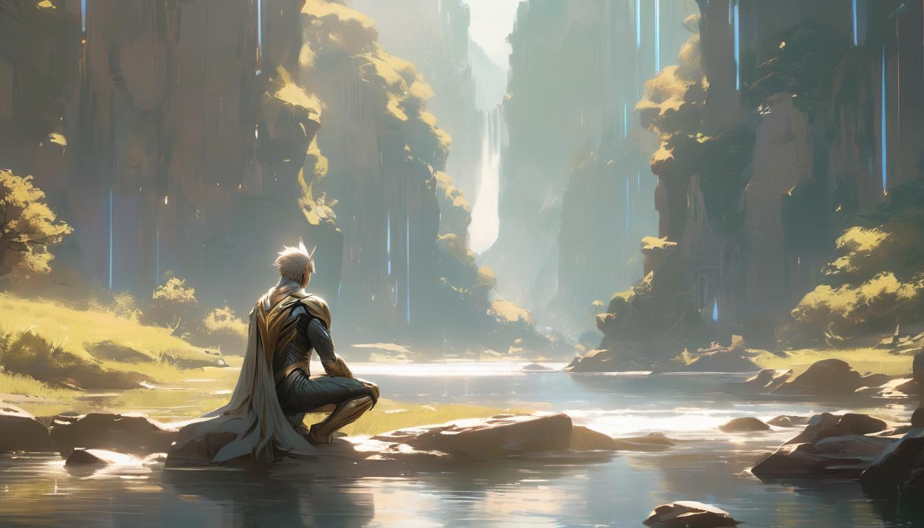  hyperrealism,fantasy aestheticA figure sitting beside a flowing river, serene landscape with trees and mountains in the distance, soft sunlight reflecting on the water, connection with nature, calm and peaceful mood, high tech clothing clad in sleek, futuristic costume with metallic accents and form fitting designs, marvel superhero comics style, unreal engine rendering