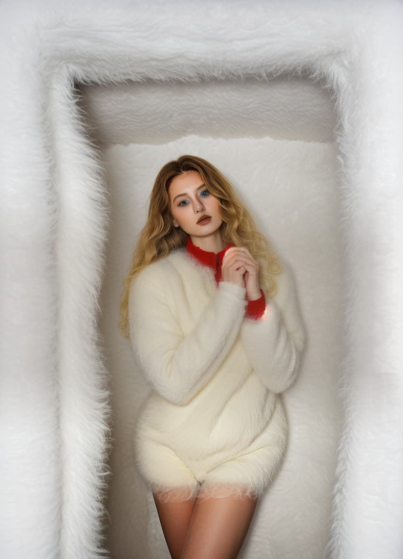  beautiful swedish with her long fluffy hair wearing a red thin collared seethrough mohair sweater a big white curly sheepskin rug room