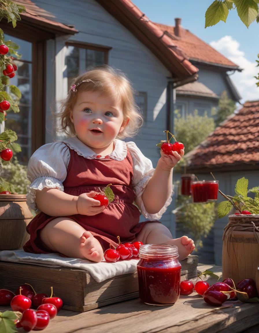  A cheerful Little chubby girl sits with her legs wrapped around a large jar of jam and eats cherry jam with her hand, lives on the roof, based on a story by Swedish writer Astrid Lindgren hyperrealistic, full body, detailed clothing, highly detailed, cinematic lighting, stunningly beautiful, intricate, sharp focus, f/1. 8, 85mm, (centered image composition), (professionally color graded), ((bright soft diffused light)), volumetric fog, trending on instagram, trending on tumblr, HDR 4K, 8K