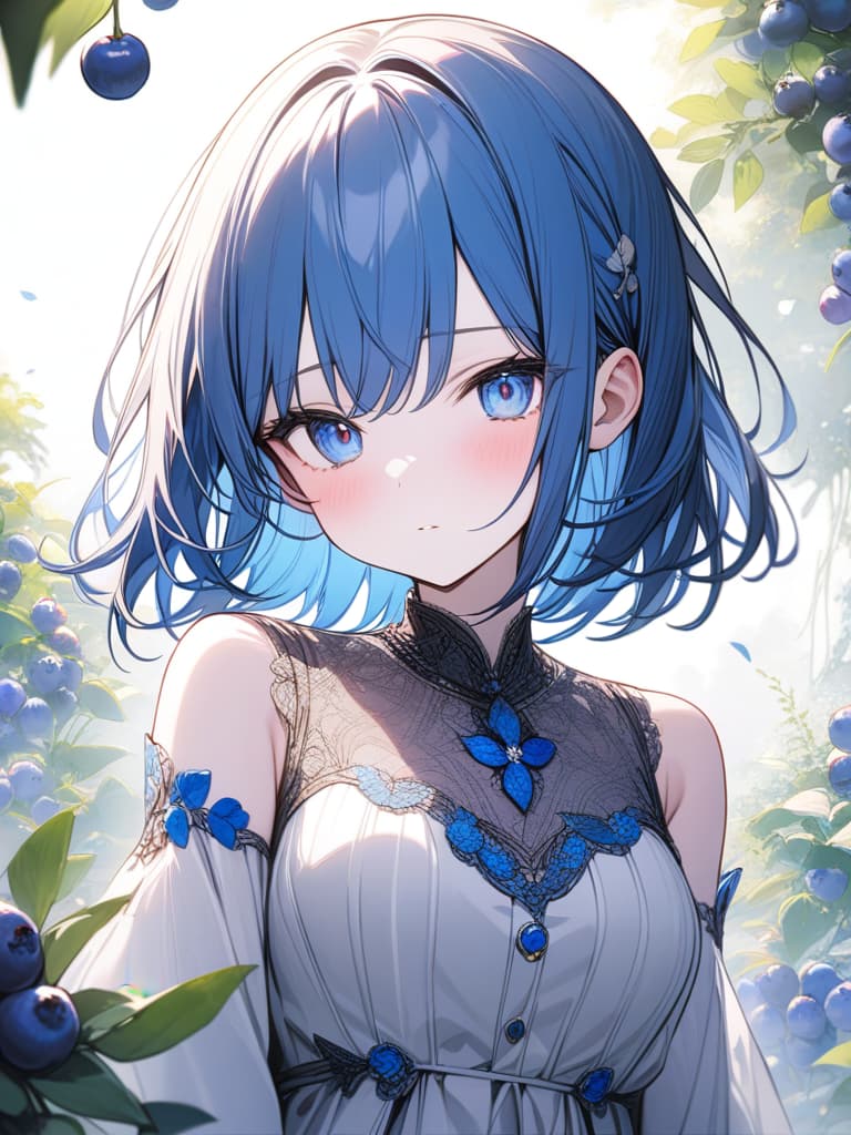  Cute, girl, long hair, thin body, white skin, blue hair, blue eyes, big eyes, short bob, dress, blueberry, blueberry decoration, masterpiece, best quality,8k,ultra detailed,high resolution,an extremely delicate and beautiful,hyper detail