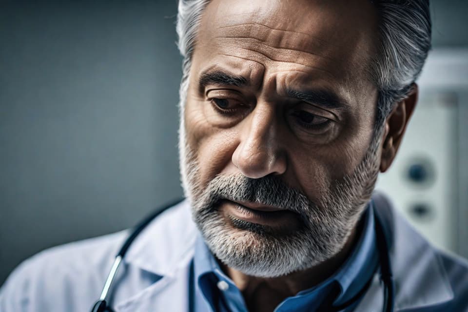  Create a detailed, realistic closeup image of a middle aged man with a concerned expression, holding his chest as if experiencing discomfort. The background should be a neutral, softly lit medical examination room to emphasize the seriousness of the situation. Include a stethoscope around his neck to subtly introduce the medical context. Ensure the image is clear, with no distractions, focusing on the human element to evoke empathy and awareness about the early signs of lung cancer hyperrealistic, full body, detailed clothing, highly detailed, cinematic lighting, stunningly beautiful, intricate, sharp focus, f/1. 8, 85mm, (centered image composition), (professionally color graded), ((bright soft diffused light)), volumetric fog, trending on instagram, trending on tumblr, HDR 4K, 8K