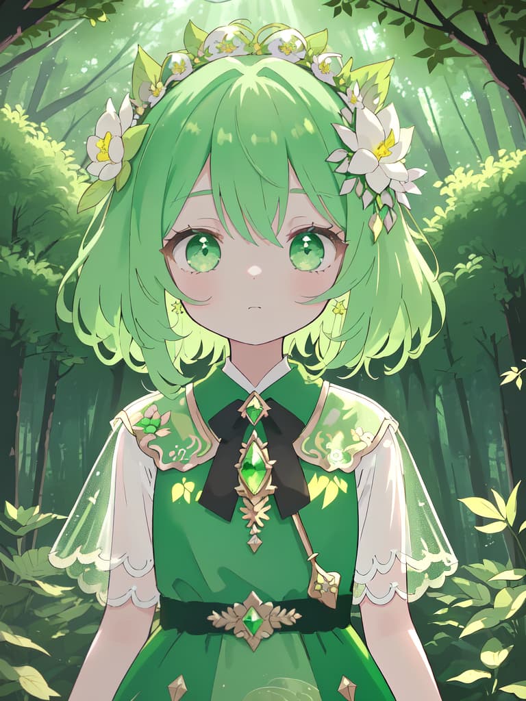  ((Forest,forest fairy,cute,beautiful , hair,ids,flower crown,green eyes,)),using a large leaf as an umbrella,dwarf,in the forest,erfly,cute,contrast,European style green dress,ultra detailed,best shadow,cute and beautiful face,(masterpiece:1.2),(best quality:1.2),detailed background,high contrast,(best illumination,an extremely delicate and beautiful),((cinematic light)),hyper detail,dramatic light,intricate details,8k,anime,very aesthetic, masterpiece, best quality,8k,ultra detailed,high resolution,an extremely delicate and beautiful,hyper detail