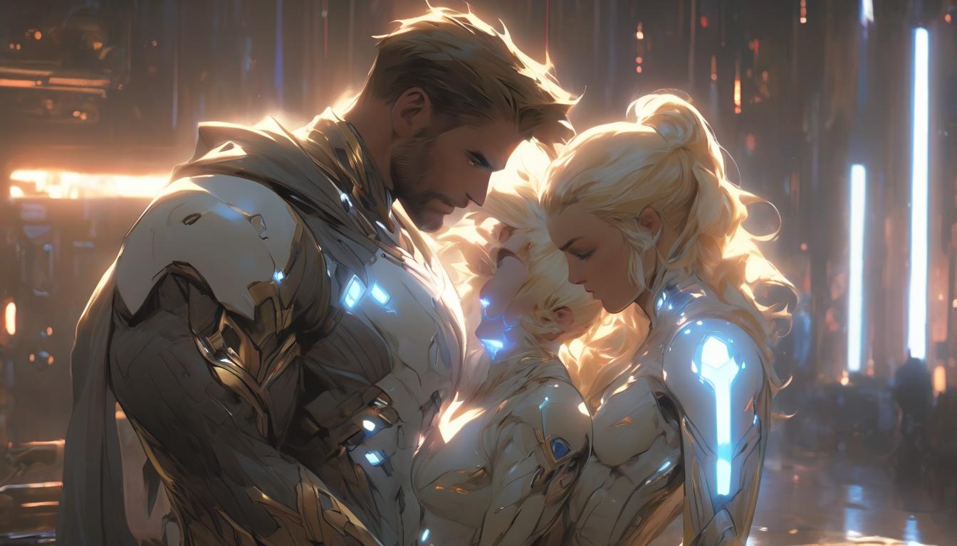  hyperrealism,fantasy aesthetic1woman1man, large busted attractive blonde arian female humanoid and handsome brunet male humanoid, serene expressions, quiet bedroom, soft starlight, distant galaxies in the windows, high tech clothing clad in sleek, futuristic costume with metallic accents and form fitting designs, marvel superhero comics style, unreal engine rendering