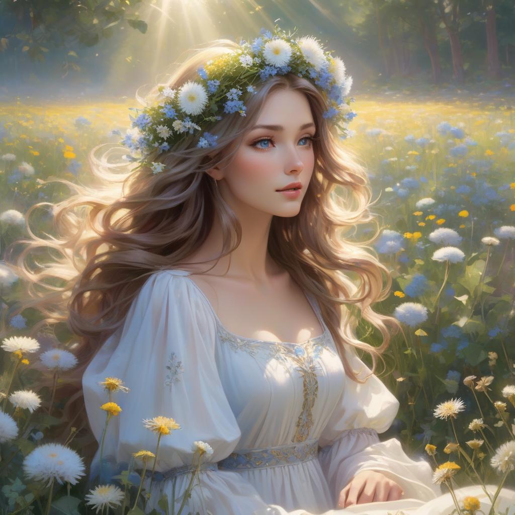  A with a floral crown and flowing hair is amidst a bright field of flowers, sunlight dappling through, creating a serene, magical atmosphere In the style of Daniel F Gerhartz and Morgan Weistling. A young with long, wavy hair adorned with small blue and white flowers blowing on a dandelion in a meadow filled with dandelions and other small flowers. She wears a white dress with puffy sleeves. The scene is ed in soft, warm light, creating a dreamy, ethereal atmosphere. Started from image: hyperrealistic, full body, detailed clothing, highly detailed, cinematic lighting, stunningly beautiful, intricate, sharp focus, f/1. 8, 85mm, (centered image composition), (professionally color graded), ((bright soft diffused light)), volumetric fog, trending on instagram, trending on tumblr, HDR 4K, 8K