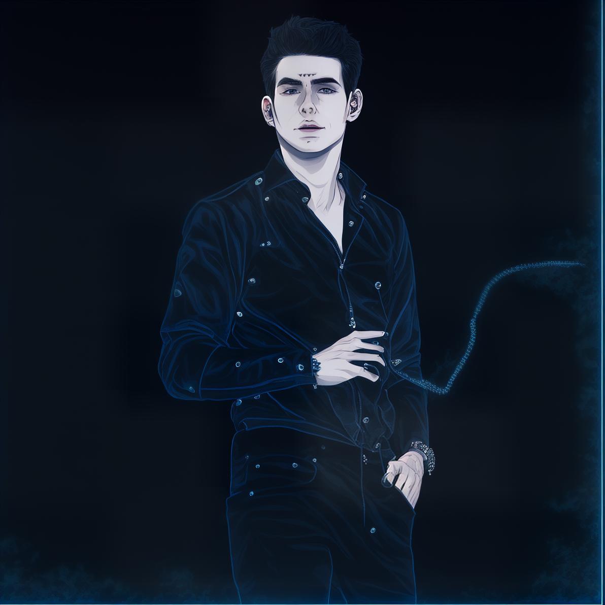 mdjrny-v4 style Anime style portrait of a young man with short, spiky black hair and blue eyes. He is wearing a black jacket over a white shirt, paired with dark jeans and combat boots. The background features an urban cityscape at dusk, illuminated by neon lights. Detailed and expressive, with a confident and determined look.