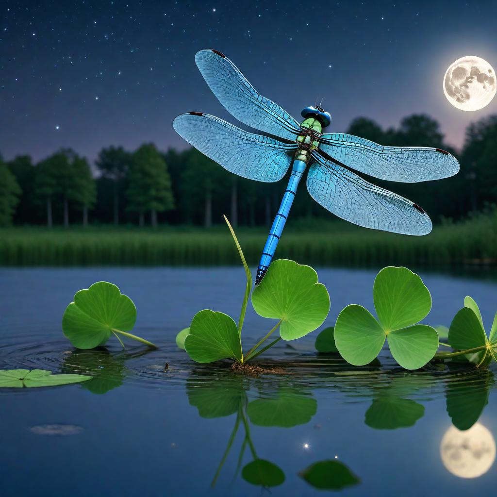  A lower, worm's-eye view showing a single blue dragonfly flying upwards towards the sky from a four-leaf clover at the edge of a pond. The pond clearly reflects both the blue dragonfly and the full moon. The background features a blue night sky with a full moon in view and stars lightly scattered around. The image captures the details of the single blue dragonfly, the four-leaf clover, and the serene beauty of the night sky, particularly focusing on the reflections of the blue dragonfly and the moon in the pond. hyperrealistic, full body, detailed clothing, highly detailed, cinematic lighting, stunningly beautiful, intricate, sharp focus, f/1. 8, 85mm, (centered image composition), (professionally color graded), ((bright soft diffused light)), volumetric fog, trending on instagram, trending on tumblr, HDR 4K, 8K