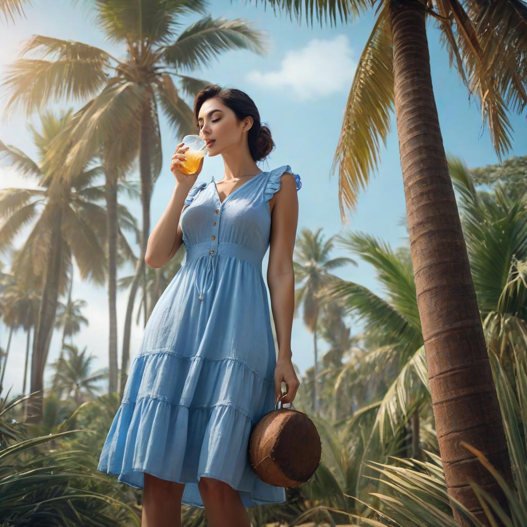  a woman stands tall in a blue sundress, leans against a palm tree and drinks from coconut hyperrealistic, full body, detailed clothing, highly detailed, cinematic lighting, stunningly beautiful, intricate, sharp focus, f/1. 8, 85mm, (centered image composition), (professionally color graded), ((bright soft diffused light)), volumetric fog, trending on instagram, trending on tumblr, HDR 4K, 8K