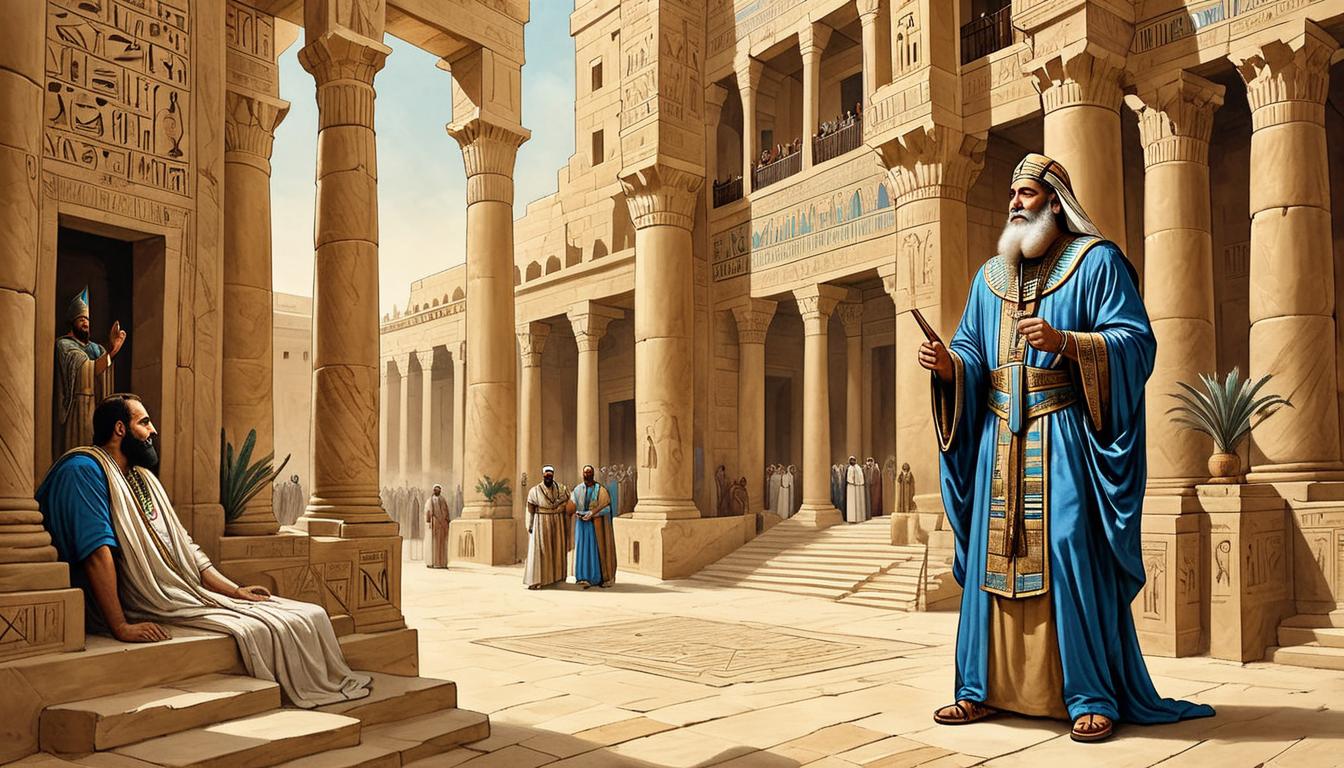  on parchment, surrealism+++, Moses, now grown, wearing traditional Egyptian robes, standing amid grand palace corridors, lavish decorations, inner turmoil(mysterious, provocative, symbolic,muted color)+++