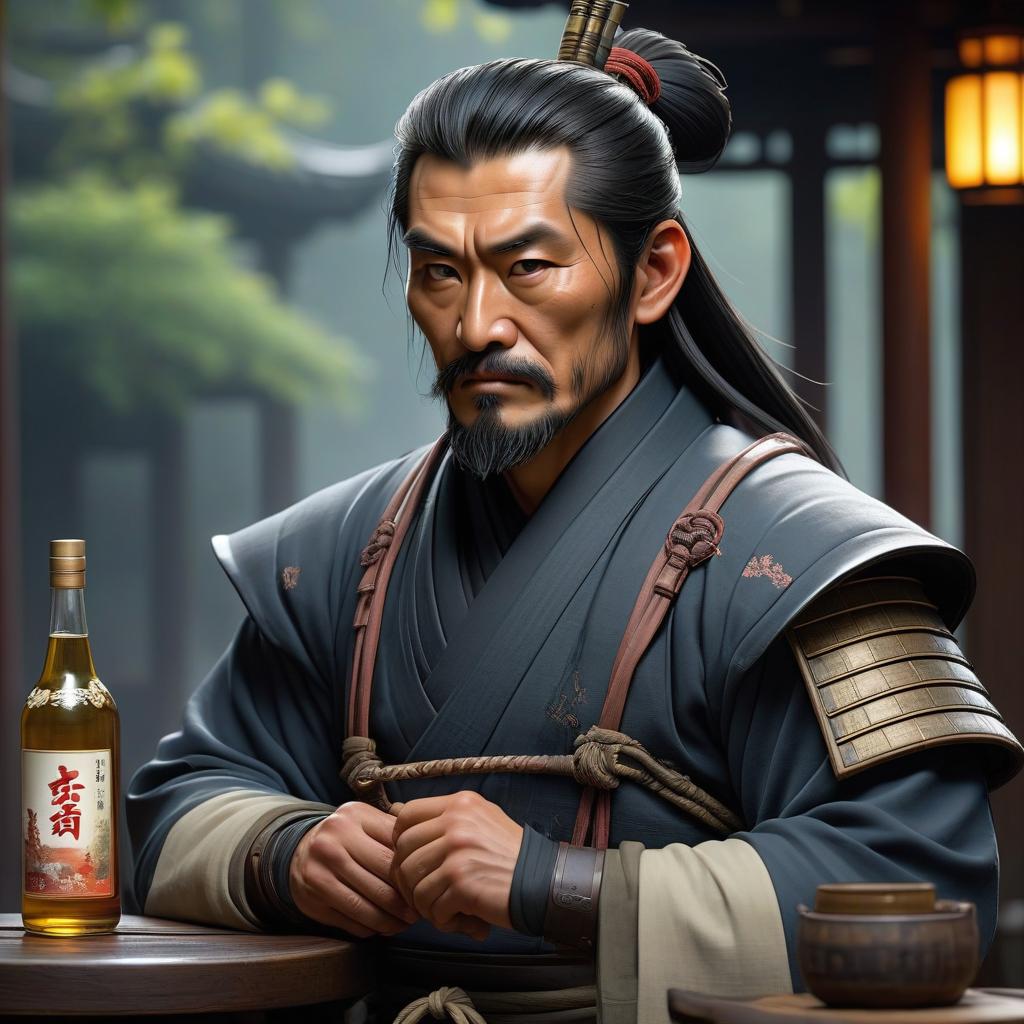  concept art A lonely Ronin with sake . digital artwork, illustrative, painterly, matte painting, highly detailed hyperrealistic, full body, detailed clothing, highly detailed, cinematic lighting, stunningly beautiful, intricate, sharp focus, f/1. 8, 85mm, (centered image composition), (professionally color graded), ((bright soft diffused light)), volumetric fog, trending on instagram, trending on tumblr, HDR 4K, 8K