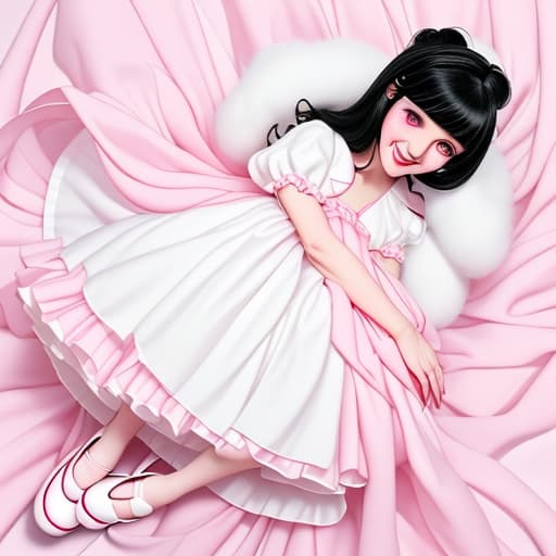  Make a anime character that has black hair and black eyes pale skin cute has full bangs and wear a pink and white fluffy baby doll dress and mary janes black shoes make her cute She is smilling