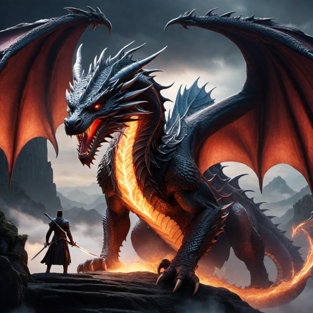  A fierce dragon holding a sword, with an intense expression, chasing after a demon that has emerged from a swirling, mystical portal. The dragon is majestic with vibrant scales, large wings, and sharp claws, while the demon appears menacing and otherworldly with dark, shadowy features. The background showcases a fantastical landscape with mystical elements and a dramatic, dynamic atmosphere. hyperrealistic, full body, detailed clothing, highly detailed, cinematic lighting, stunningly beautiful, intricate, sharp focus, f/1. 8, 85mm, (centered image composition), (professionally color graded), ((bright soft diffused light)), volumetric fog, trending on instagram, trending on tumblr, HDR 4K, 8K