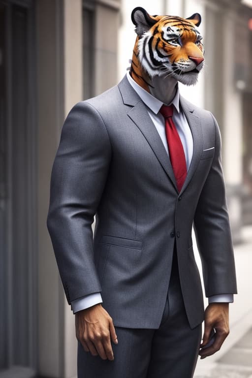  anthro, tiger, male, adult, muscular, veiny muscles, suit, standing, realistic fur, detailed background, street background, hyper realism, RAW photo, (realism, photorealistic:1.3), detailed, hi res, hyperrealistic, full body, detailed clothing, highly detailed, cinematic lighting, stunningly beautiful, intricate, sharp focus, f/1. 8, 85mm, (centered image composition), (professionally color graded), ((bright soft diffused light)), volumetric fog, trending on instagram, trending on tumblr, HDR 4K, 8K