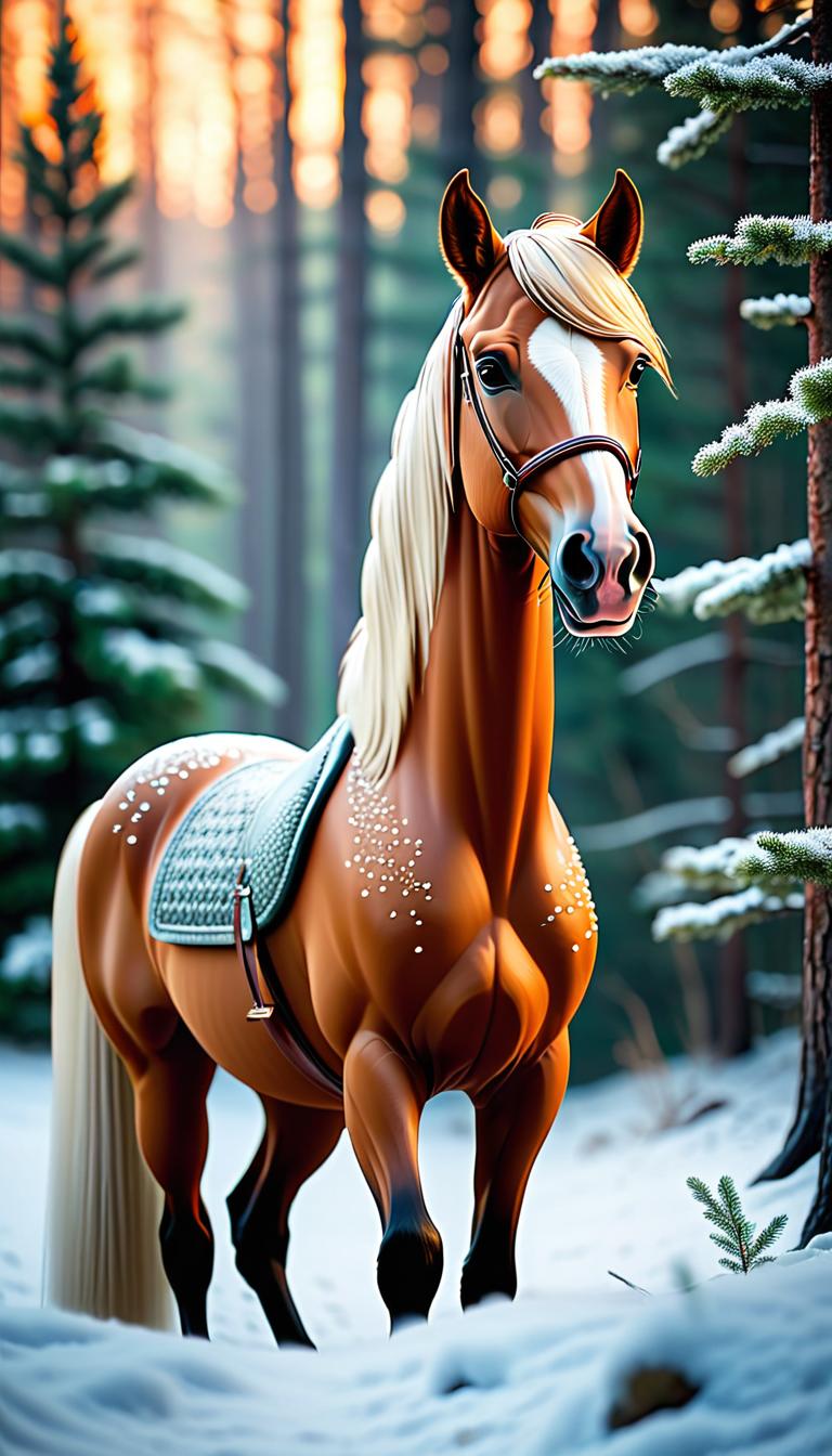  Professional 3D model of A beautiful, stately horse stands looking out over a winter landscape. The horse is white and has a long mane and tail. Christmas decorations are in the trees, ONLY the trees. Snow is falling around the horse. The horse has NO equipment. . Rendered with Octane, the model is highly detailed,dramatic lighting. hyperrealistic, full body, detailed clothing, highly detailed, cinematic lighting, stunningly beautiful, intricate, sharp focus, f/1. 8, 85mm, (centered image composition), (professionally color graded), ((bright soft diffused light)), volumetric fog, trending on instagram, trending on tumblr, HDR 4K, 8K