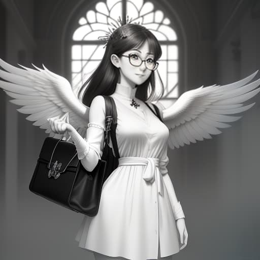  Portrait at waist, girl with wings, short stature, reddish brown hair, large round glasses, snow white folded angelic wings, naive expression on face, round face, wide smile, in hands a staff with a cross topped handle, leather bag over shoulder, white black loose dress, inside a building, behind a stained glass window with a fantasy plot, fantasy art, (Manga Style, Yusuke Murata, Satoshi Kon, Ken Sugimori, Hiromu Arakawa), Pencil drawing, (B&W:1.2), Low detail, sketch, concept art, Anime style, line art, webtoon, manhua, chalk, hand drawn, defined lines, simple shades, simplistic, manga page, minimalistic, High contrast, Precision artwork, Linear compositions, Scalable artwork, Digital art, High Contrast Shadows hyperrealistic, full body, detailed clothing, highly detailed, cinematic lighting, stunningly beautiful, intricate, sharp focus, f/1. 8, 85mm, (centered image composition), (professionally color graded), ((bright soft diffused light)), volumetric fog, trending on instagram, trending on tumblr, HDR 4K, 8K