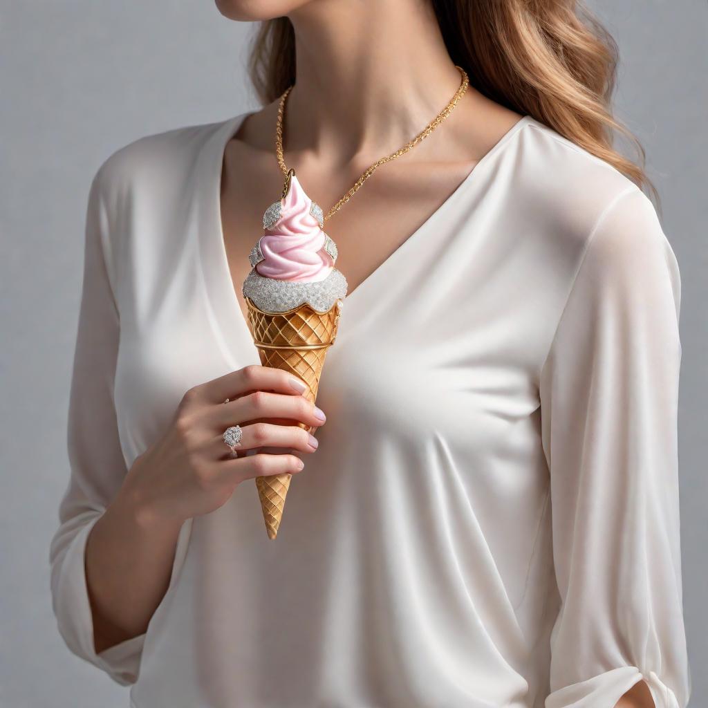  Female model wearing a diamond clustered ice cream cone pendant, showcasing the pendant prominently. The background should be simple and elegant to highlight the jewelry, high-quality and detailed image. hyperrealistic, full body, detailed clothing, highly detailed, cinematic lighting, stunningly beautiful, intricate, sharp focus, f/1. 8, 85mm, (centered image composition), (professionally color graded), ((bright soft diffused light)), volumetric fog, trending on instagram, trending on tumblr, HDR 4K, 8K