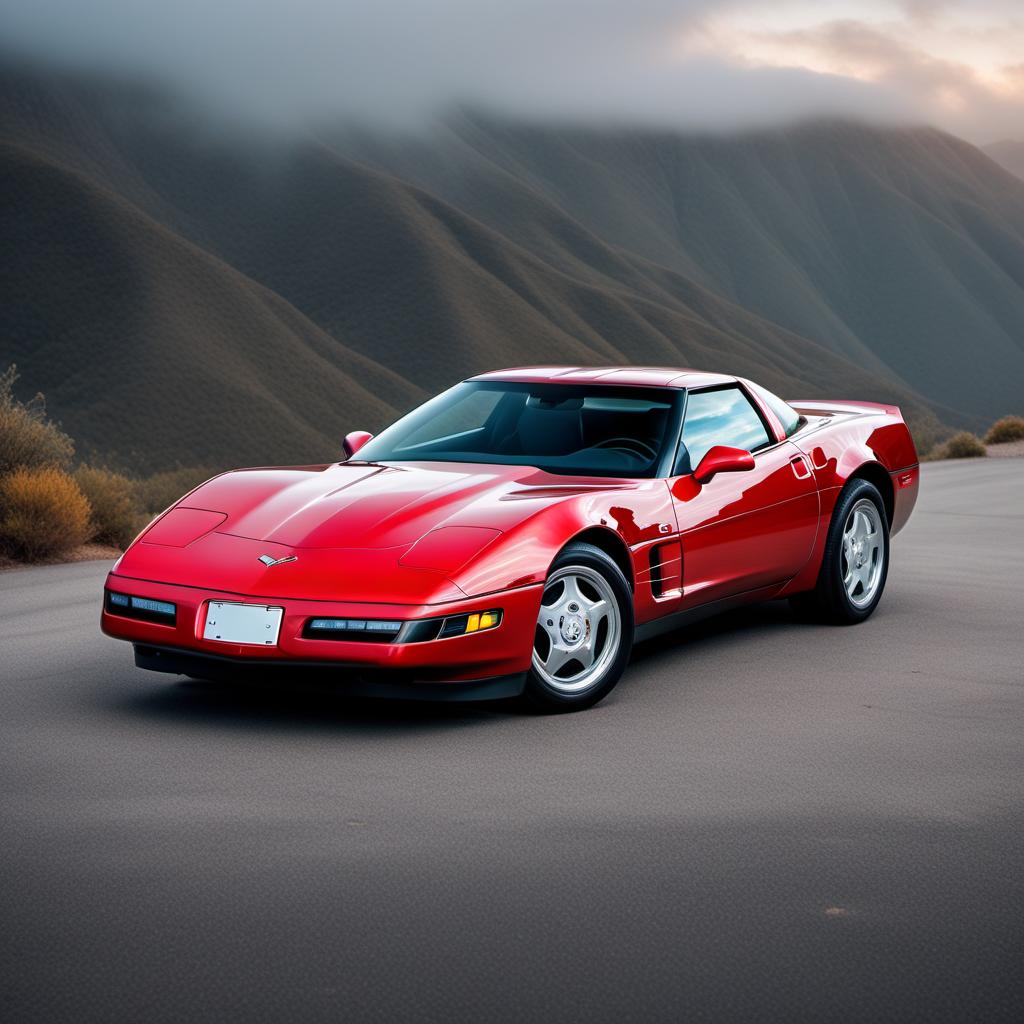  Draw a picture of a 1992 Corvette coupe with the top off hyperrealistic, full body, detailed clothing, highly detailed, cinematic lighting, stunningly beautiful, intricate, sharp focus, f/1. 8, 85mm, (centered image composition), (professionally color graded), ((bright soft diffused light)), volumetric fog, trending on instagram, trending on tumblr, HDR 4K, 8K