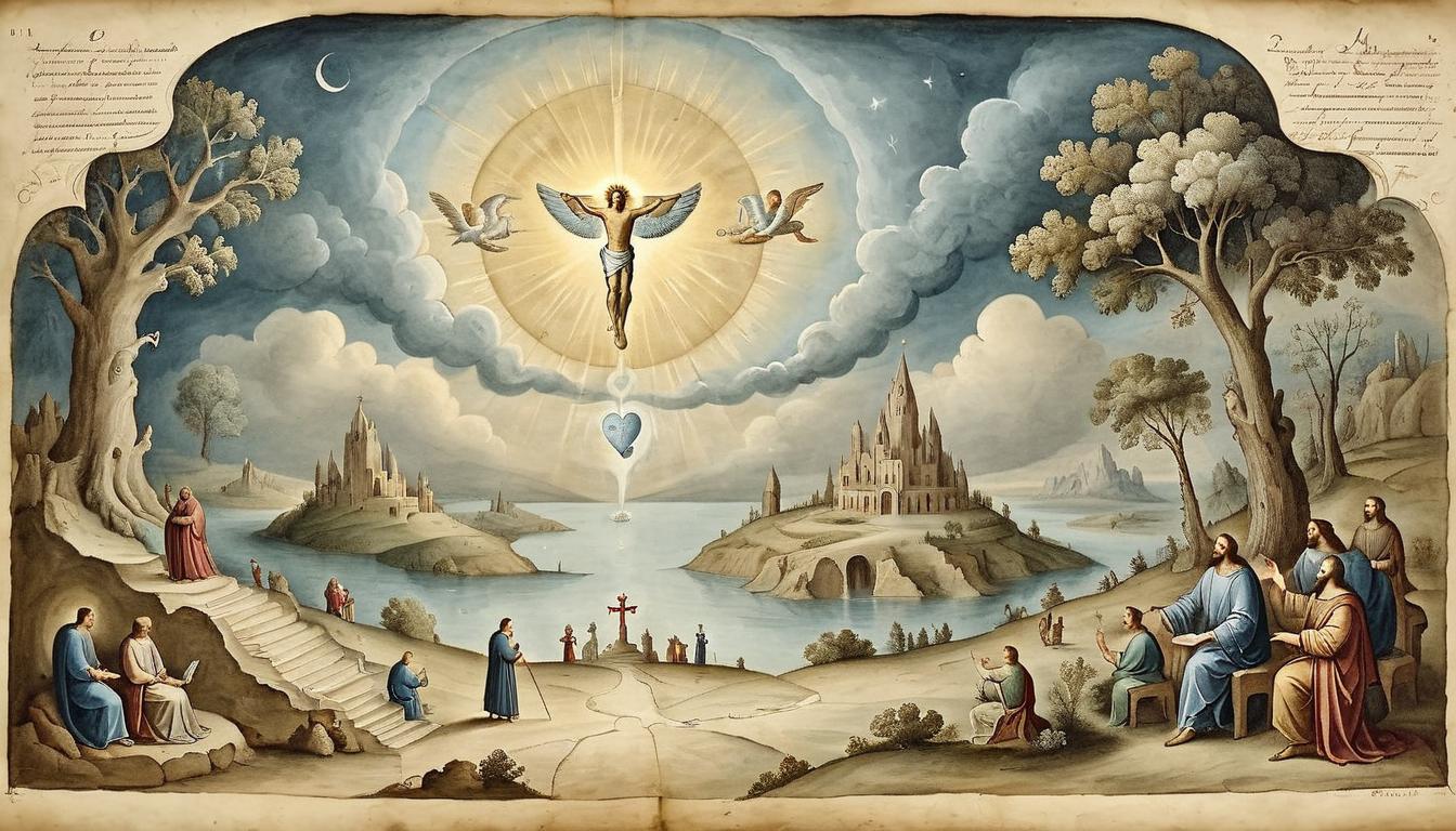  on parchment, surrealism+++, Abel, pure and radiant, offering his heart to the divine, heavenly light, serene, divine, tragic(mysterious, provocative, symbolic,muted color)+++