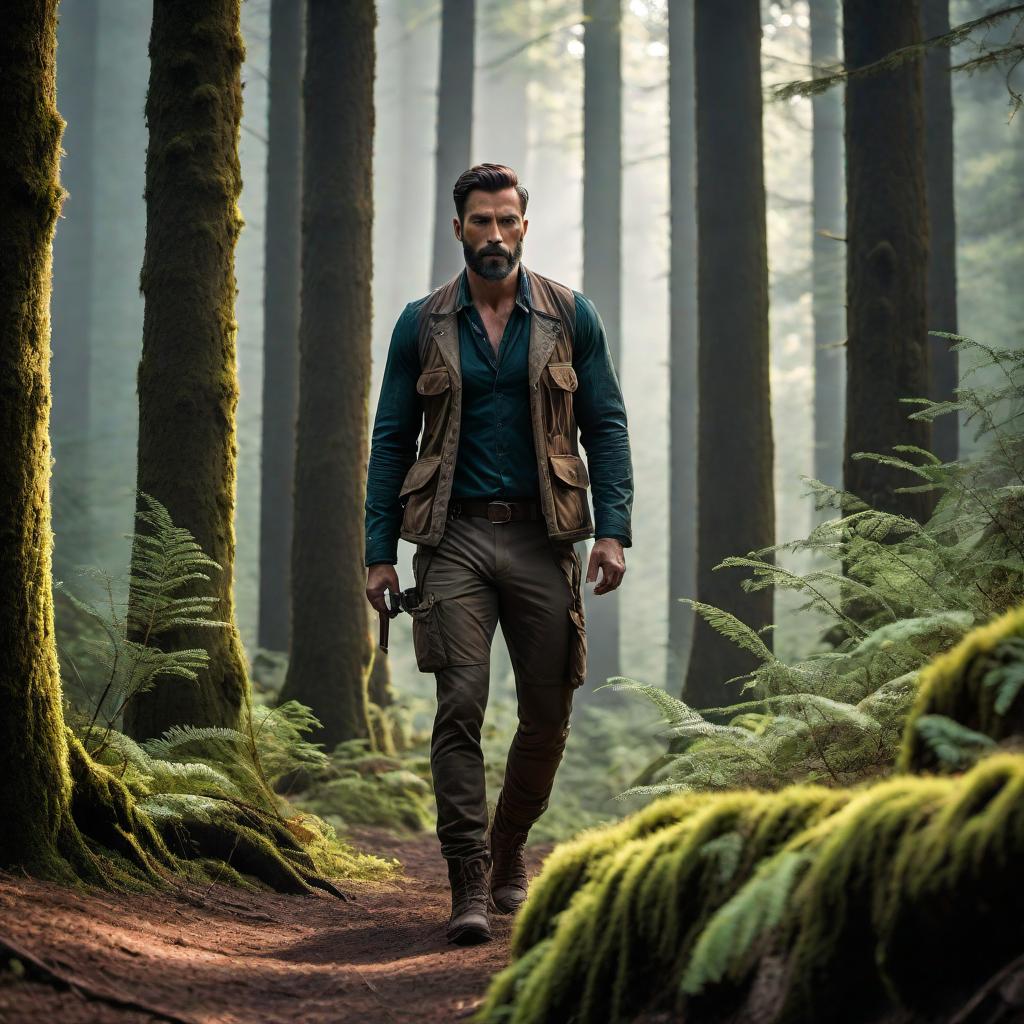  a trendy rustic photo of a male in the dark forest, completing a hard physical task. The male is rugged and determined, with intense focus on his task. He is surrounded by thick trees and a dense canopy, with minimal light piercing through. The atmosphere is moody and mysterious, conveying a sense of solitude and the challenge of nature. hyperrealistic, full body, detailed clothing, highly detailed, cinematic lighting, stunningly beautiful, intricate, sharp focus, f/1. 8, 85mm, (centered image composition), (professionally color graded), ((bright soft diffused light)), volumetric fog, trending on instagram, trending on tumblr, HDR 4K, 8K