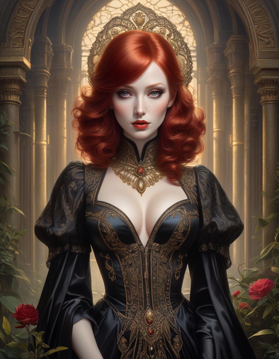  gothic style Opulent royal redhead, Award winning fantasy digital painting, clear quality, confusion, incredible Naoto Hattori, Anna Dittmann, Tom Bagshaw, Zinaida Serebriakova, Tamara De Lempicka, . dark, mysterious, haunting, dramatic, ornate, detailed hyperrealistic, full body, detailed clothing, highly detailed, cinematic lighting, stunningly beautiful, intricate, sharp focus, f/1. 8, 85mm, (centered image composition), (professionally color graded), ((bright soft diffused light)), volumetric fog, trending on instagram, trending on tumblr, HDR 4K, 8K