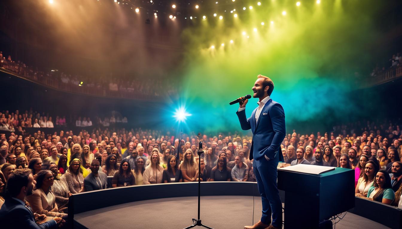  fluorescent dust, fluorescent spraypaint, fluorescent grain, fluorescent make up Nick Vujicic addressing an audience, microphone in hand, no limbs, wearing a professional suit, expression of determination. Close up of audience members engaged, expressions of empowerment. Heavenly figures behind him, radiant, showing his role as a motivational speaker.dust, cinematic film, best quality, high resolution, realistic, 8k, dynamic angle, serene, extremely detailed, absurdres particle effect, wonderful night dreamlike glowing masterpiece, celestial, detailed, realistic, image concept art, phenomenal mesmerise, maximalist,