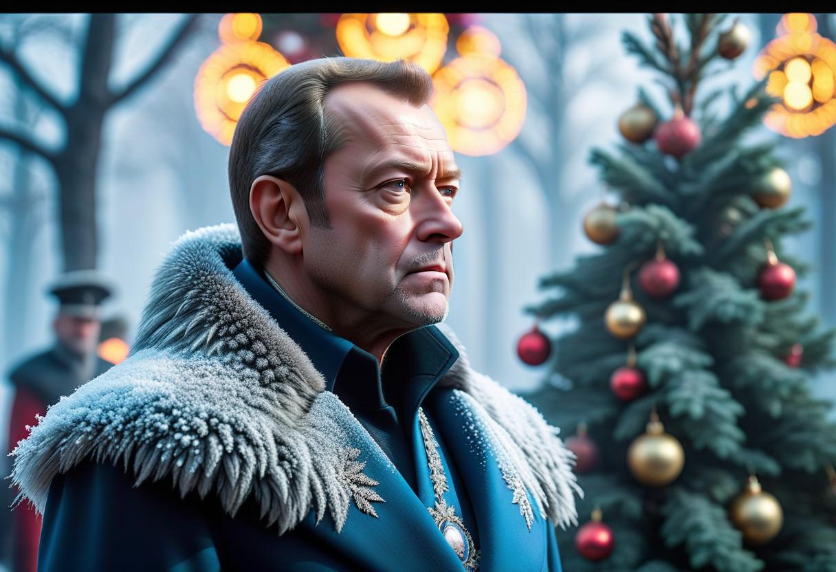  Russian President Dmitry Medvedev waits for Father Frost near the New Year tree. hyperrealistic, full body, detailed clothing, highly detailed, cinematic lighting, stunningly beautiful, intricate, sharp focus, f/1. 8, 85mm, (centered image composition), (professionally color graded), ((bright soft diffused light)), volumetric fog, trending on instagram, trending on tumblr, HDR 4K, 8K