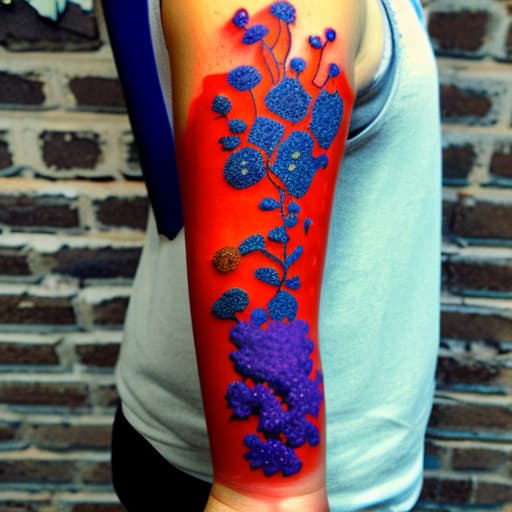 wa-vy style Arm tattoo of Various bright tiny red orange purple and blue flowers growing along a vine