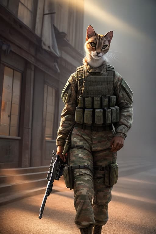  Cats, military clothing, fallen mother hyperrealistic, full body, detailed clothing, highly detailed, cinematic lighting, stunningly beautiful, intricate, sharp focus, f/1. 8, 85mm, (centered image composition), (professionally color graded), ((bright soft diffused light)), volumetric fog, trending on instagram, trending on tumblr, HDR 4K, 8K
