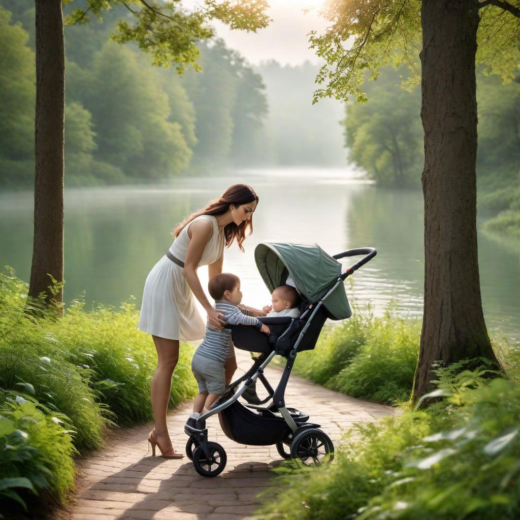  A heartwarming scene showing a mom pushing her baby boy in a stroller along a scenic path. Below them, in the reflection of water, the image of a grown son pushing his elderly mom in a wheelchair is visible. The landscape includes trees and soft greenery around the path. The reflected scene mirrors the real-world setting but with reversed roles. Utilize soft, warm colors and create a peaceful and serene atmosphere. hyperrealistic, full body, detailed clothing, highly detailed, cinematic lighting, stunningly beautiful, intricate, sharp focus, f/1. 8, 85mm, (centered image composition), (professionally color graded), ((bright soft diffused light)), volumetric fog, trending on instagram, trending on tumblr, HDR 4K, 8K