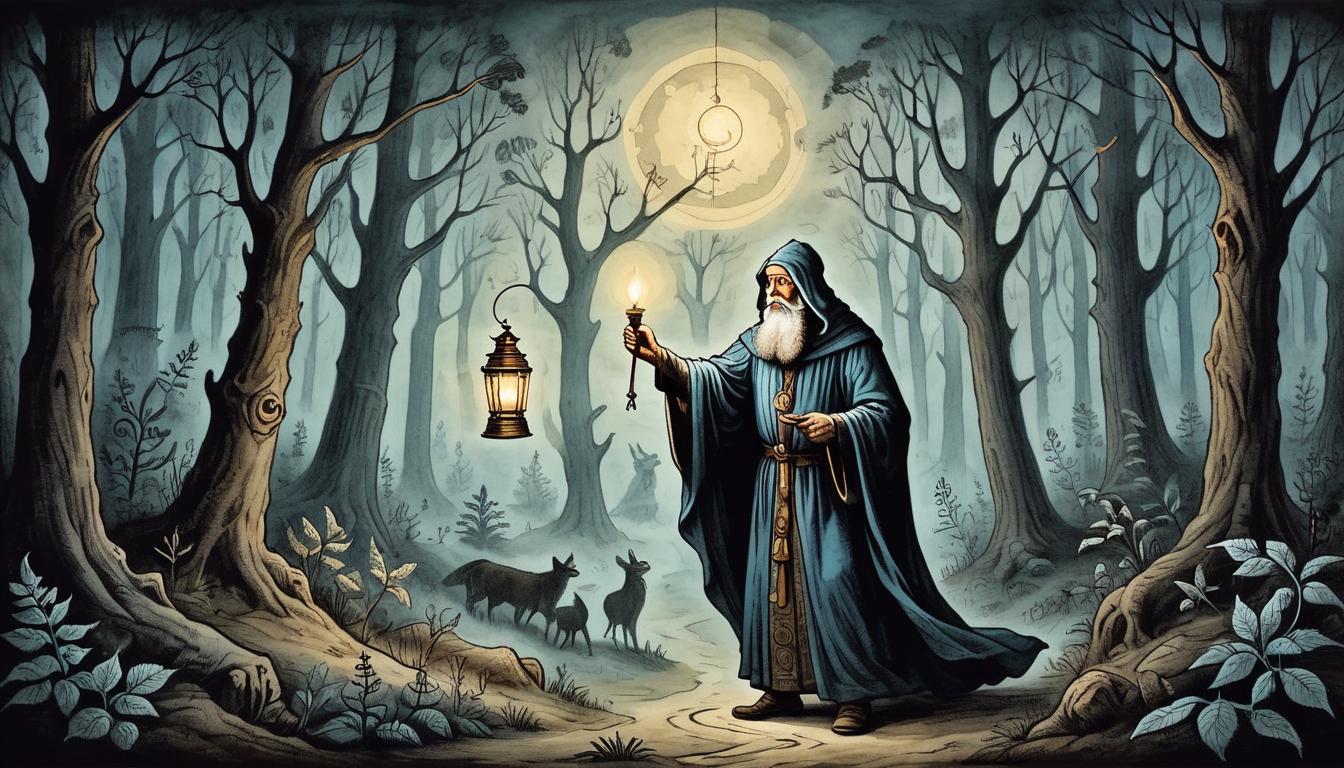  on parchment, surrealism+++, A wise sage lifting a lantern in a dark forest, light illuminating figures hidden in darkness, intricate patterns of light and shadow, sense of revelation, wisdom, clarity(mysterious, provocative, symbolic,muted color)+++