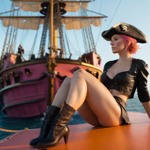  ((Girl, wearing a pirate hat, sitting with, body,, short orange hair, on a large pink warship)),(), beautiful, high quality,masterpiece,extremely detailed,high res,4k,ultra high res,detailed shadow,ultra realistic,dramatic lighting,bright light hyperrealistic, full body, detailed clothing, highly detailed, cinematic lighting, stunningly beautiful, intricate, sharp focus, f/1. 8, 85mm, (centered image composition), (professionally color graded), ((bright soft diffused light)), volumetric fog, trending on instagram, trending on tumblr, HDR 4K, 8K