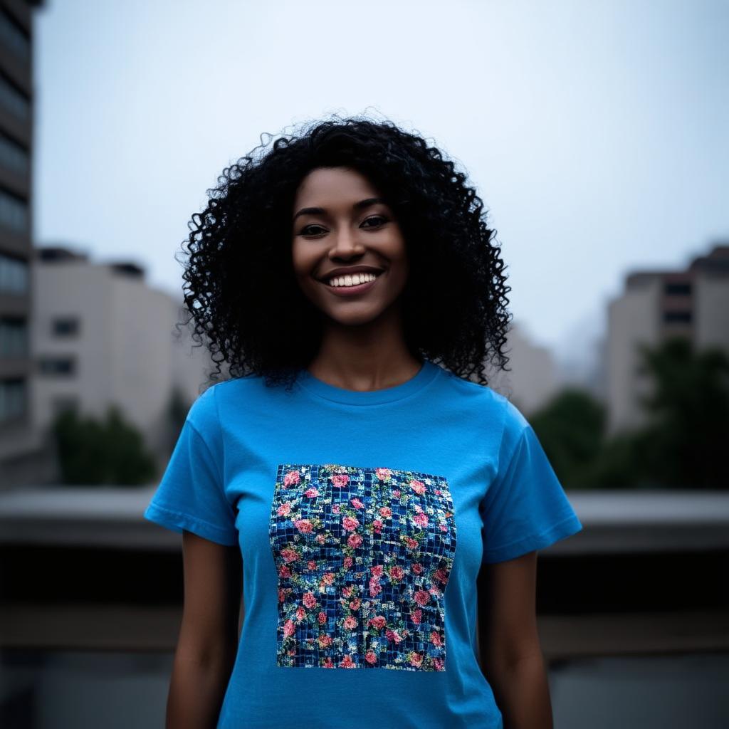  half body portrait black curly happy woman wearing blue t shirt with squared floral pattern on t shirt, Blurred city Background, slate atmosphere, cinematic, dimmed colors, dark shot, muted colors, film grainy, lut, spooky