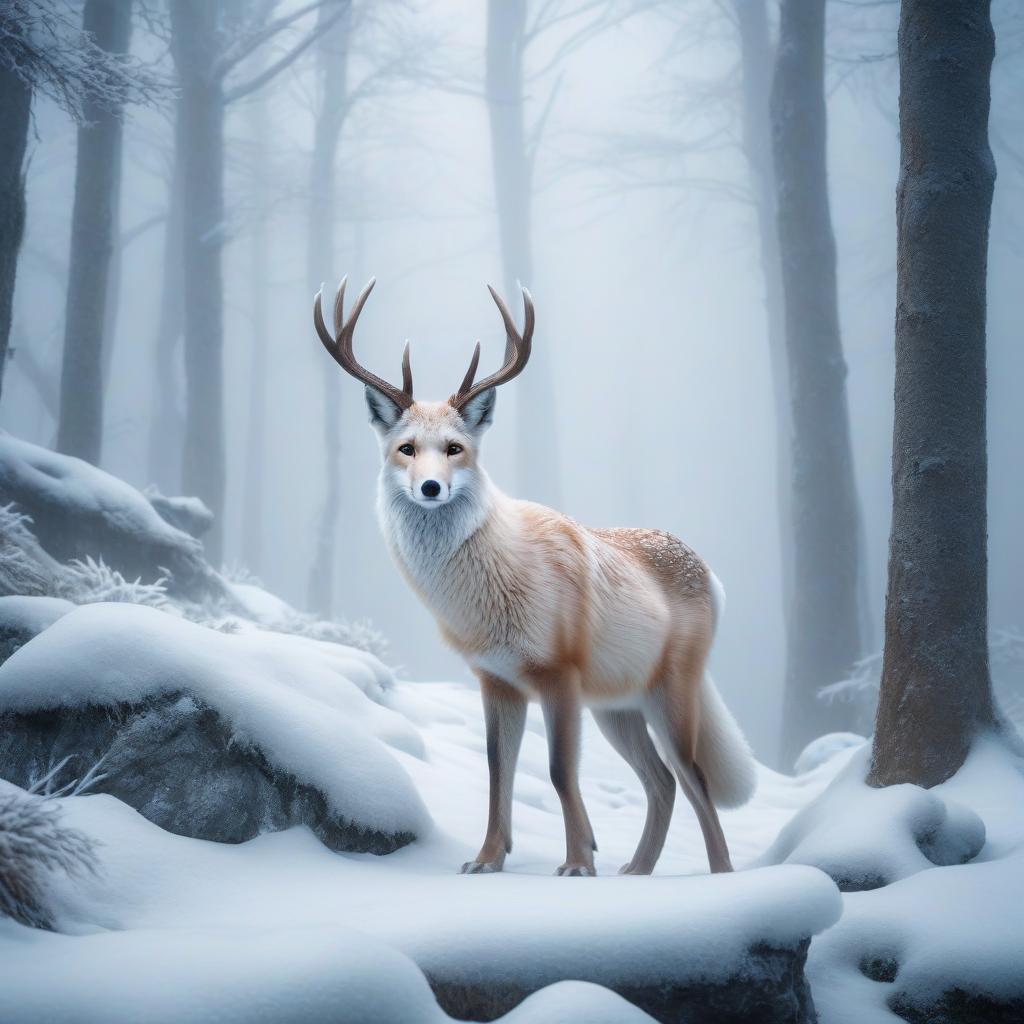  A polar fox with huge white deer antlers. Concept list hyperrealistic, full body, detailed clothing, highly detailed, cinematic lighting, stunningly beautiful, intricate, sharp focus, f/1. 8, 85mm, (centered image composition), (professionally color graded), ((bright soft diffused light)), volumetric fog, trending on instagram, trending on tumblr, HDR 4K, 8K