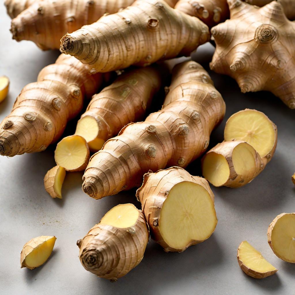  An image of ginger root on a white background. Show a whole ginger root with its characteristic knobby texture and light brown color. The scene should be well-lit to highlight the texture and details of the ginger root. The words 'Ginger Root' should be displayed near the ginger root. At the top or bottom of the image, label it with the text 'Ginger Root'. hyperrealistic, full body, detailed clothing, highly detailed, cinematic lighting, stunningly beautiful, intricate, sharp focus, f/1. 8, 85mm, (centered image composition), (professionally color graded), ((bright soft diffused light)), volumetric fog, trending on instagram, trending on tumblr, HDR 4K, 8K