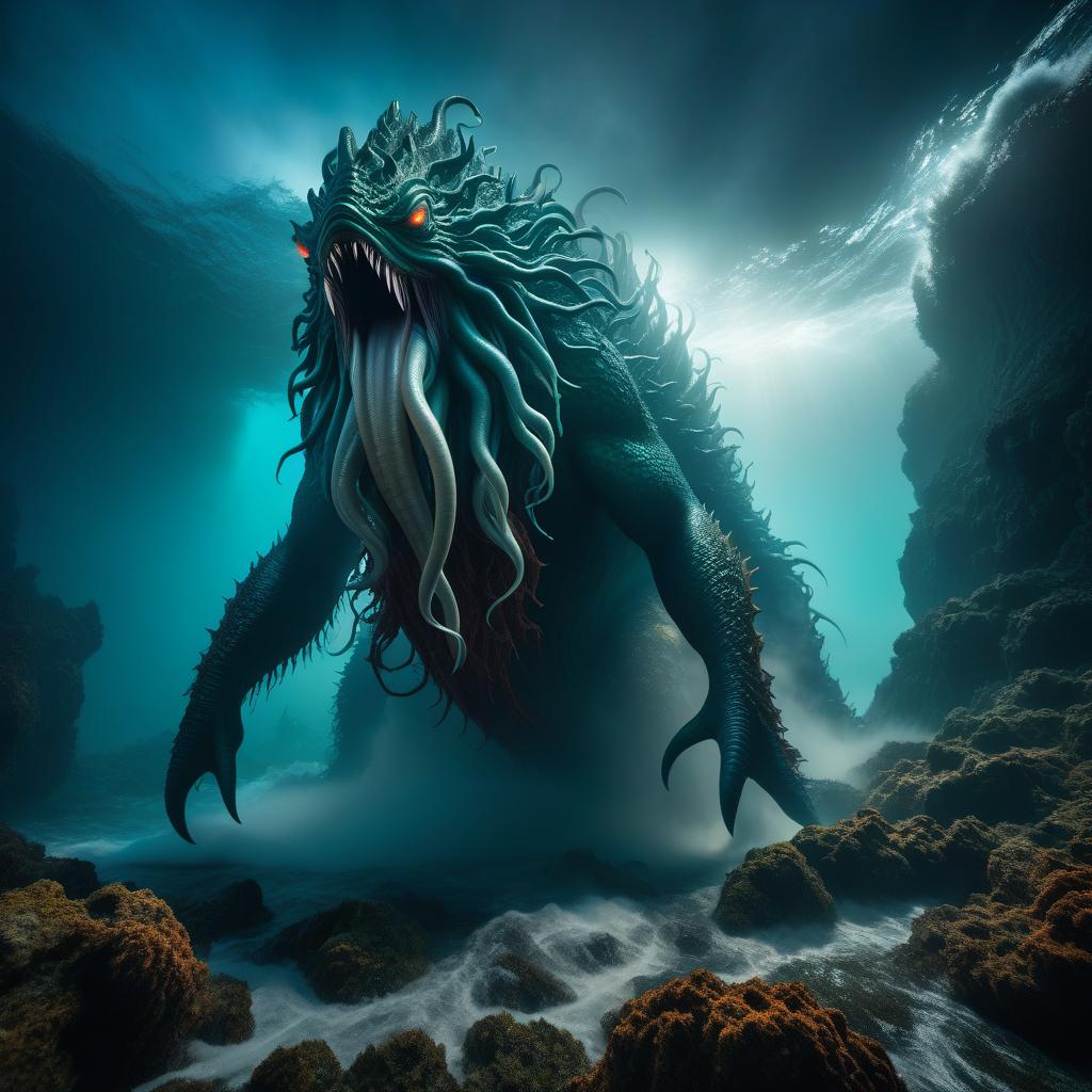  lovecraftian horror monster, huge, sea, sea, scary, havoc . eldritch, cosmic horror, unknown, mysterious, surreal, highly detailed hyperrealistic, full body, detailed clothing, highly detailed, cinematic lighting, stunningly beautiful, intricate, sharp focus, f/1. 8, 85mm, (centered image composition), (professionally color graded), ((bright soft diffused light)), volumetric fog, trending on instagram, trending on tumblr, HDR 4K, 8K