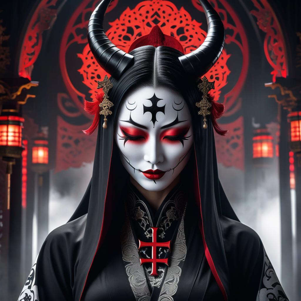  gothic style Create a black and white ilration of a in a gothic religious style, facing me. Her face should express deep sorrow and despair, with closed eyes that have black tears running out. The should look like she's praying in front of a large red demonic mask of Hannya, which is behind her. The demonic mask of Hannya should be significantly larger than the and have a sinister smile. The focus should be on the 's face, her sad eyes, and the expression of sadness before the mask of Hannya. On her head, there should be a black scarf or veil, with an aura effect and small stars around it, to create a mystical atmosphere. On her neck, two with crosses can be seen, emphasizing the religious context. The illus hyperrealistic, full body, detailed clothing, highly detailed, cinematic lighting, stunningly beautiful, intricate, sharp focus, f/1. 8, 85mm, (centered image composition), (professionally color graded), ((bright soft diffused light)), volumetric fog, trending on instagram, trending on tumblr, HDR 4K, 8K