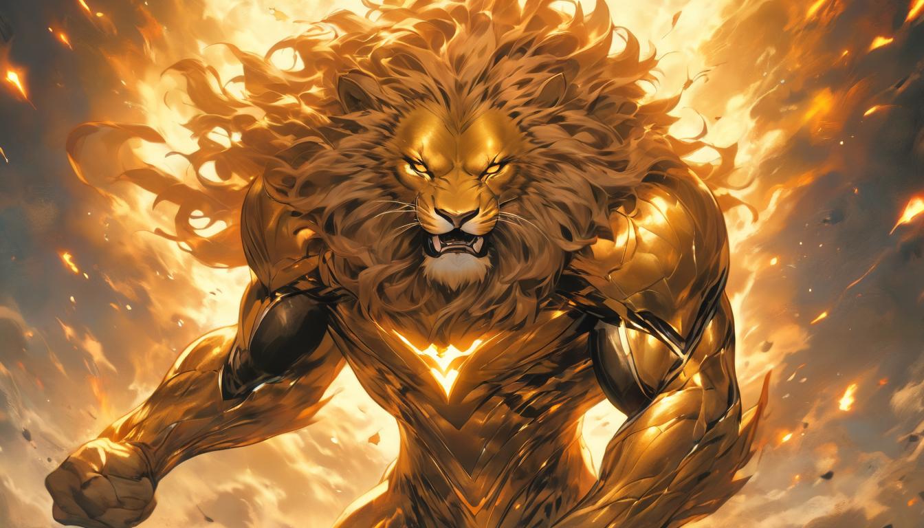  hyperrealism,fantasy aestheticA fierce lion, standing tall, roaring into the sky, powerful build, golden mane flowing, shining eyes, sense of dominance, strength, determination, high tech clothing clad in sleek, futuristic costume with metallic accents and form fitting designs, marvel superhero comics style, unreal engine rendering