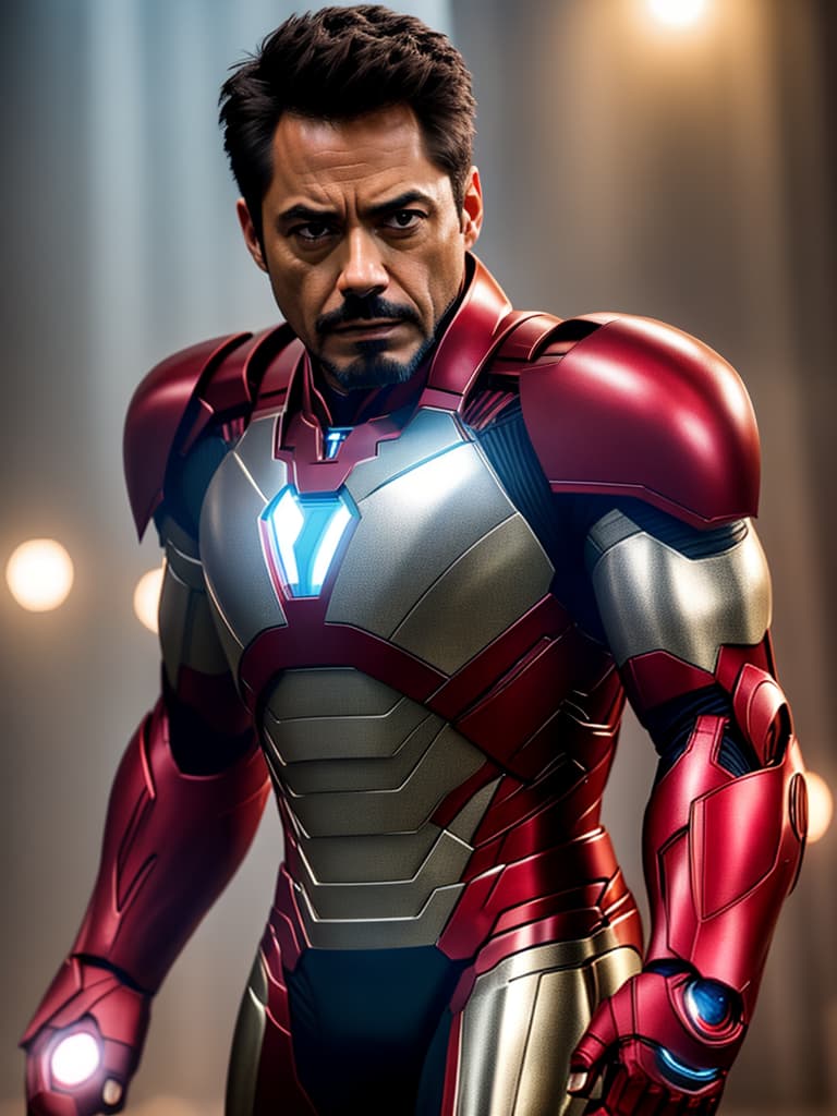  ironman tony stark close up hyperrealistic, full body, detailed clothing, highly detailed, cinematic lighting, stunningly beautiful, intricate, sharp focus, f/1. 8, 85mm, (centered image composition), (professionally color graded), ((bright soft diffused light)), volumetric fog, trending on instagram, trending on tumblr, HDR 4K, 8K