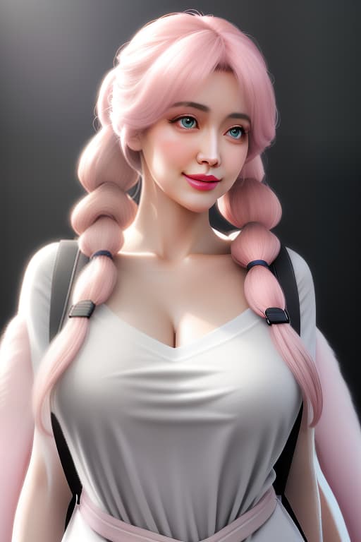  A young with a build and light hair, in two pigtails with pink ribbons, wearing a warm gray tunic and a soft pink , with dark eyes, and a pink backpack with a soft toy stuck on its strap., Photorealistic, Hyperrealistic, Hyperdetailed, analog style, demure, detailed skin, pores, smirk, smiling eyes, matte skin, soft lighting, subsurface scattering, realistic, heavy shadow, masterpiece, best quality, ultra realistic, 8k, golden ratio, Intricate, High Detail, film photography, soft focus hyperrealistic, full body, detailed clothing, highly detailed, cinematic lighting, stunningly beautiful, intricate, sharp focus, f/1. 8, 85mm, (centered image composition), (professionally color graded), ((bright soft diffused light)), volumetric fog, trending on instagram, trending on tumblr, HDR 4K, 8K