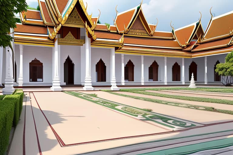  A very wide area is the ground outside a very old Thai palace.