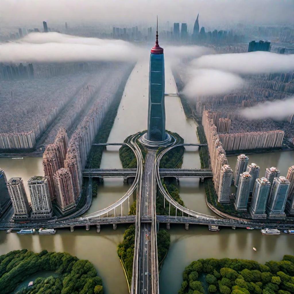  Aerial view of Wuhan. hyperrealistic, full body, detailed clothing, highly detailed, cinematic lighting, stunningly beautiful, intricate, sharp focus, f/1. 8, 85mm, (centered image composition), (professionally color graded), ((bright soft diffused light)), volumetric fog, trending on instagram, trending on tumblr, HDR 4K, 8K
