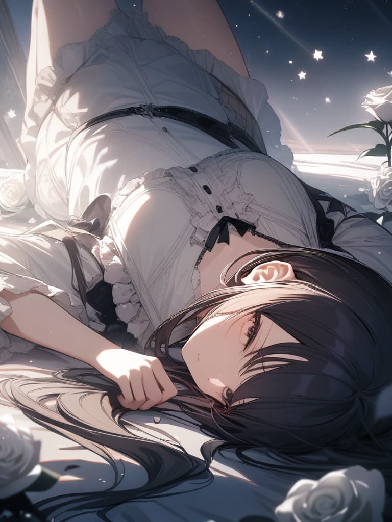  Girl, hair color beige, gothic fashion with many red, white frills, many white roses, white roses, stars, fleeting, light, twin tails, lying down, lying down, masterpiece, best quality,8k,ultra detailed,high resolution,an extremely delicate and beautiful,hyper detail