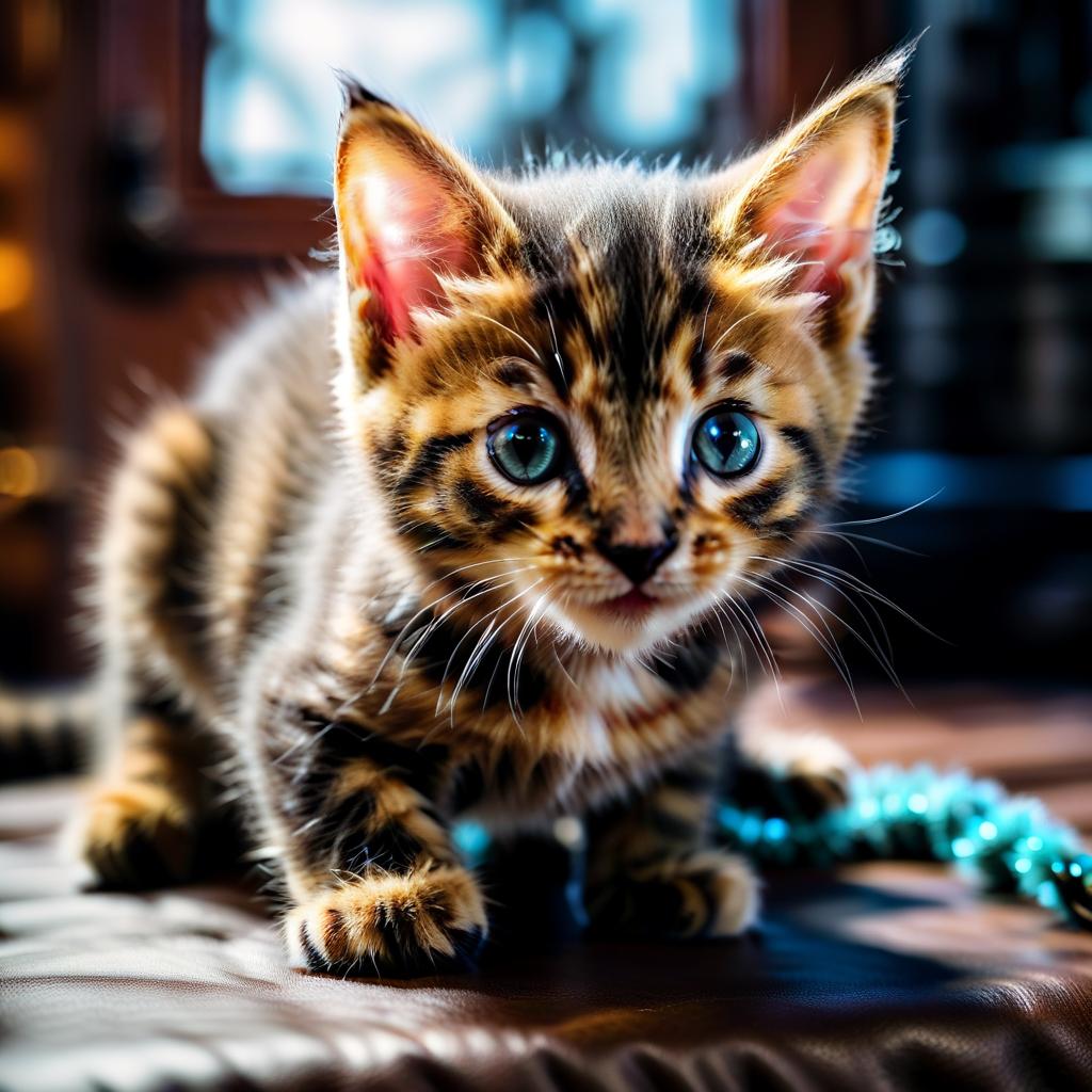  kitten with a tail hyperrealistic, full body, detailed clothing, highly detailed, cinematic lighting, stunningly beautiful, intricate, sharp focus, f/1. 8, 85mm, (centered image composition), (professionally color graded), ((bright soft diffused light)), volumetric fog, trending on instagram, trending on tumblr, HDR 4K, 8K