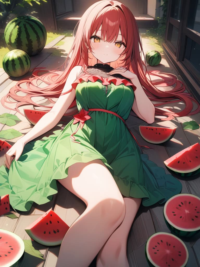  Cute, , thin body, yellow eyes, watermelon, watermelon, red and green dress, watermelon decoration, eyes, frills, gradation, green and red gradation hair, masterpiece, best quality,8k,ultra detailed,high resolution,an extremely delicate and beautiful,hyper detail