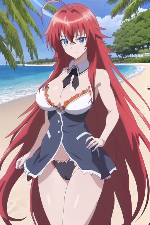  ,on the beach,sunny beautiful day,age,cameltoe,long hair,,realistic,anime style.,masterpiece, best quality, 1women, long red hair, looking at viewer, :3, cute, black uniform, outdoors, streets, cowboy shot, curvy, (((blue eyes))), rias gremory, red hair, antenna hair, wavy hair, ((beautiful detailed eyes, beautiful detailed glow, lots of glow)), anime screencap