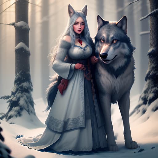  A funny, grey wolf in Russian folk clothing in the forest, holding a she wolf. hyperrealistic, full body, detailed clothing, highly detailed, cinematic lighting, stunningly beautiful, intricate, sharp focus, f/1. 8, 85mm, (centered image composition), (professionally color graded), ((bright soft diffused light)), volumetric fog, trending on instagram, trending on tumblr, HDR 4K, 8K