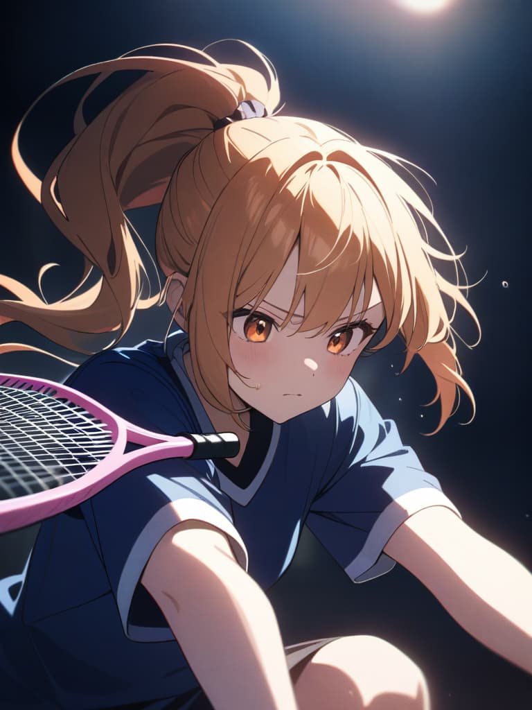  ((Badminton,playing badminton,ponytail,orange hair,orange eyes,sweating,pink racket,blue uniform)),hardworking,cute,pretty girl,beautiful,ultra detailed,best shadow,cute and beautiful face,(masterpiece:1.2),(best quality:1.2),detailed background,high contrast,(best illumination,an extremely delicate and beautiful),((cinematic light)),hyper detail,dramatic light,intricate details,8k,anime,very aesthetic, masterpiece, best quality,8k,ultra detailed,high resolution,an extremely delicate and beautiful,hyper detail